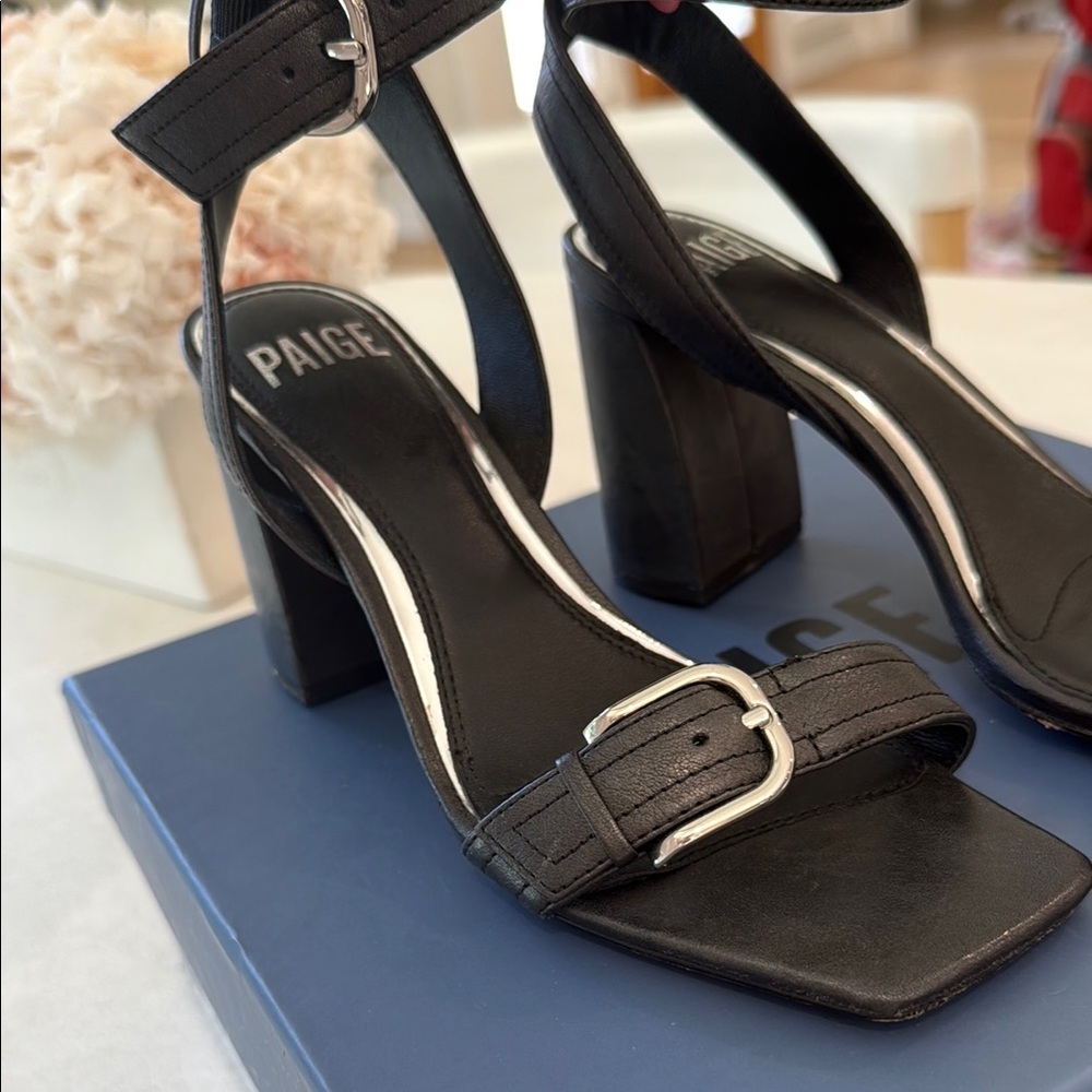 PAIGE Black Heels with Block Heel and Silver Buckle